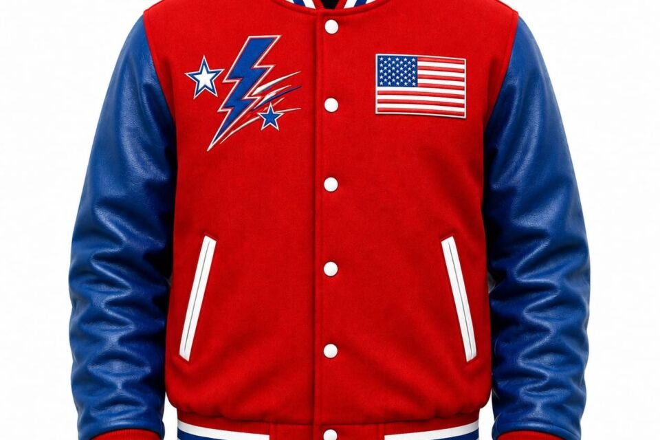 Varsity Jacket RED WOOL AND BLUE LEATHER
