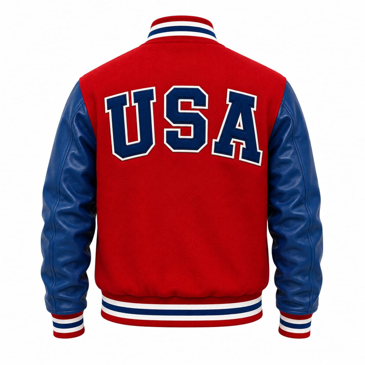 USA Varsity Jacket | Red Wool Blue Leather Letterman Jacket - Image 3