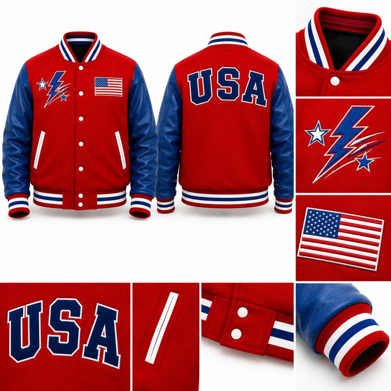 USA Varsity Jacket | Red Wool Blue Leather Letterman Jacket - Image 5