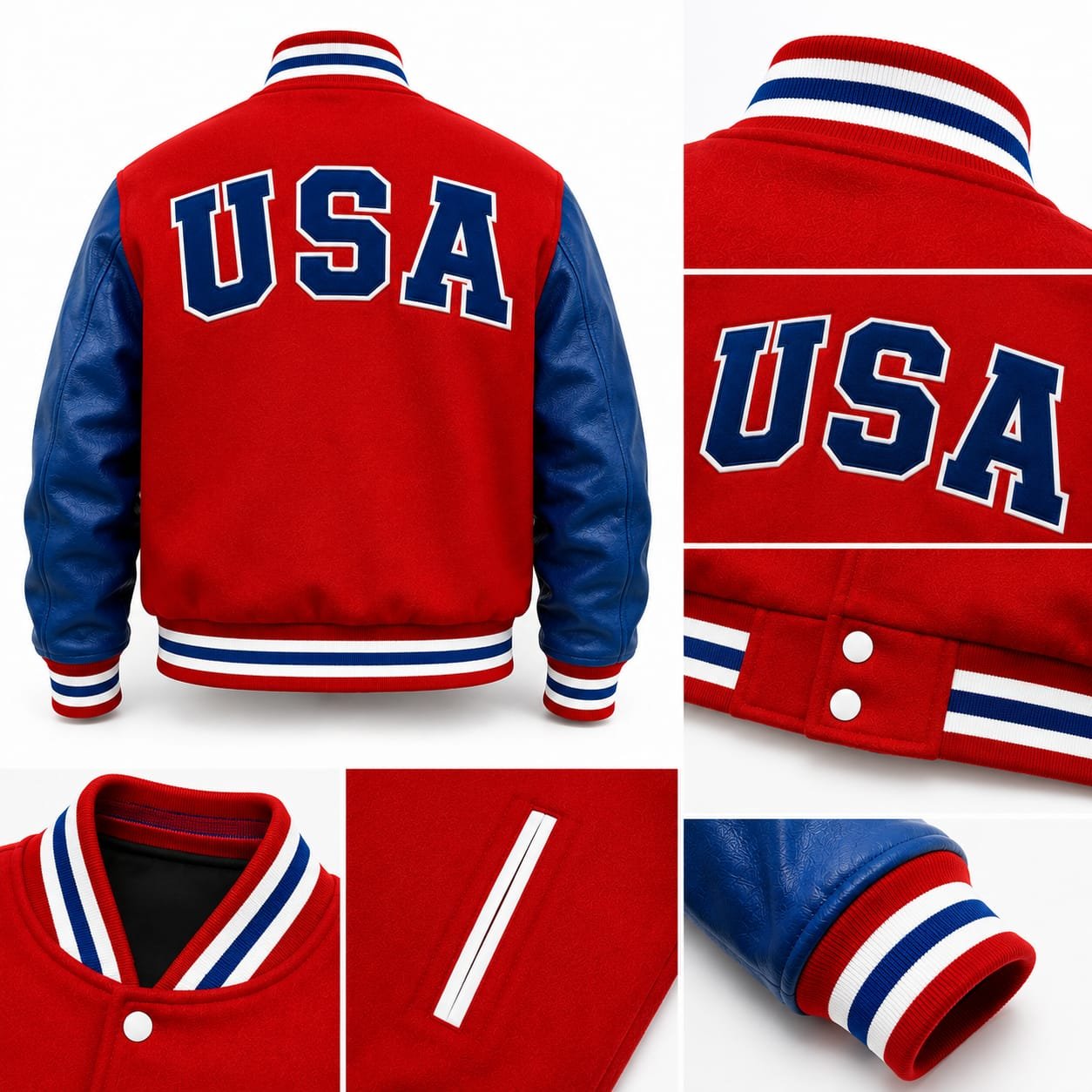 USA Varsity Jacket | Red Wool Blue Leather Letterman Jacket - Image 4