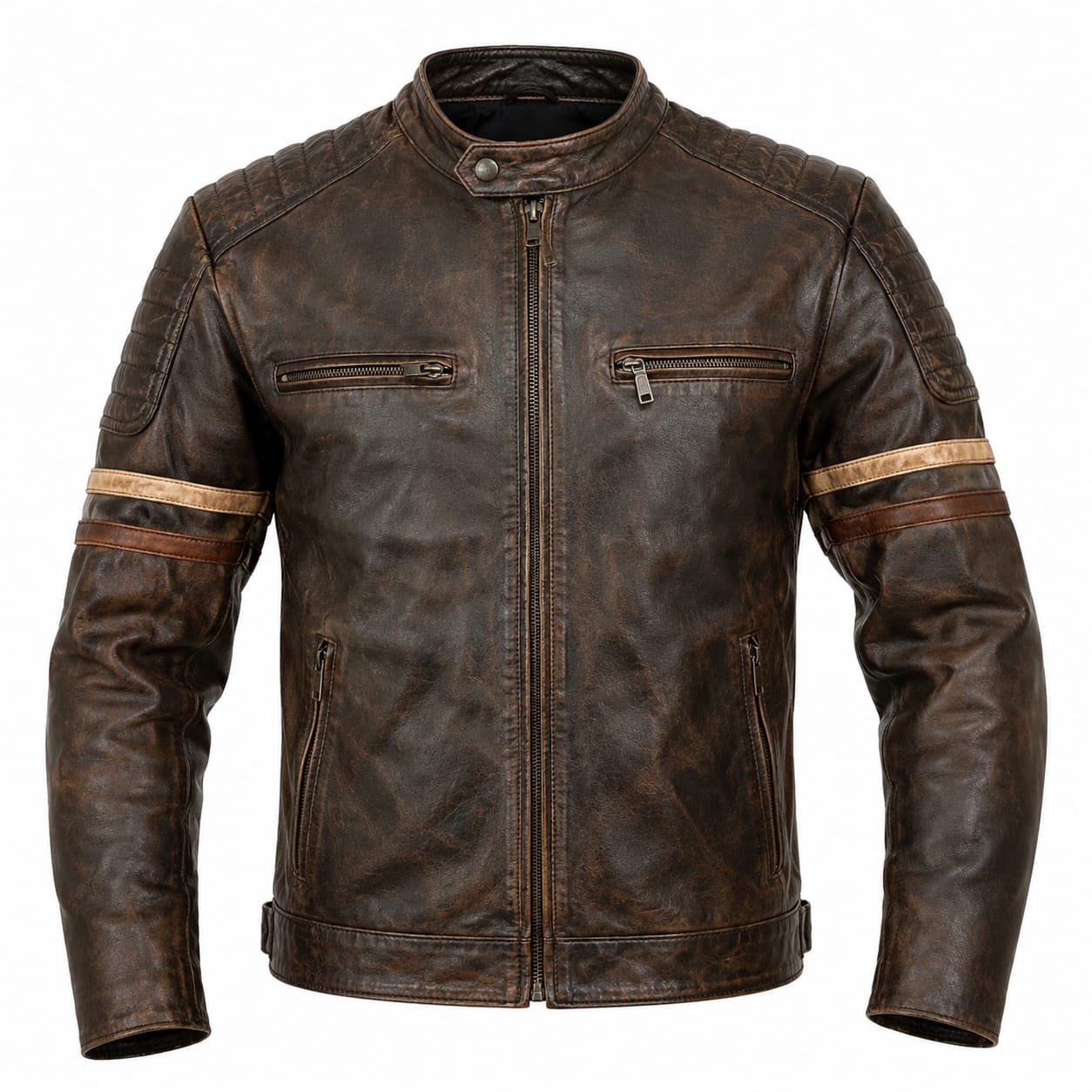 Vintage distressed brown leather cafe racer jacket for men featuring quilted shoulders, stand collar, dual sleeve stripes, and premium genuine leather construction.