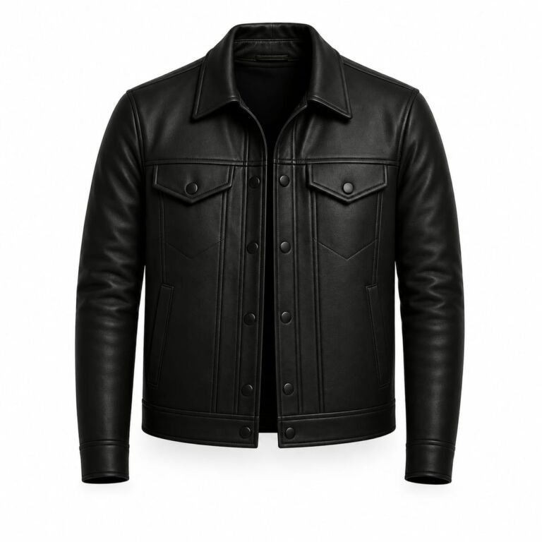 Men's black genuine leather trucker jacket with snap button front, shirt collar, flap chest pockets, and side pockets on a white background.