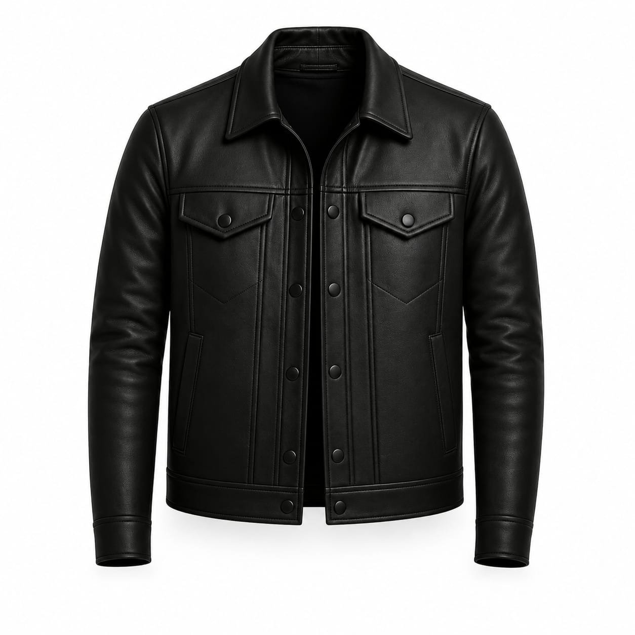 Men's black genuine leather trucker jacket with snap button front, shirt collar, flap chest pockets, and side pockets on a white background.