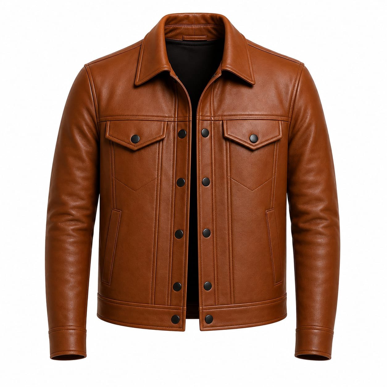 Men's Black Leather Trucker Jacket | Classic Snap Button Genuine Leather Jacket - Image 2