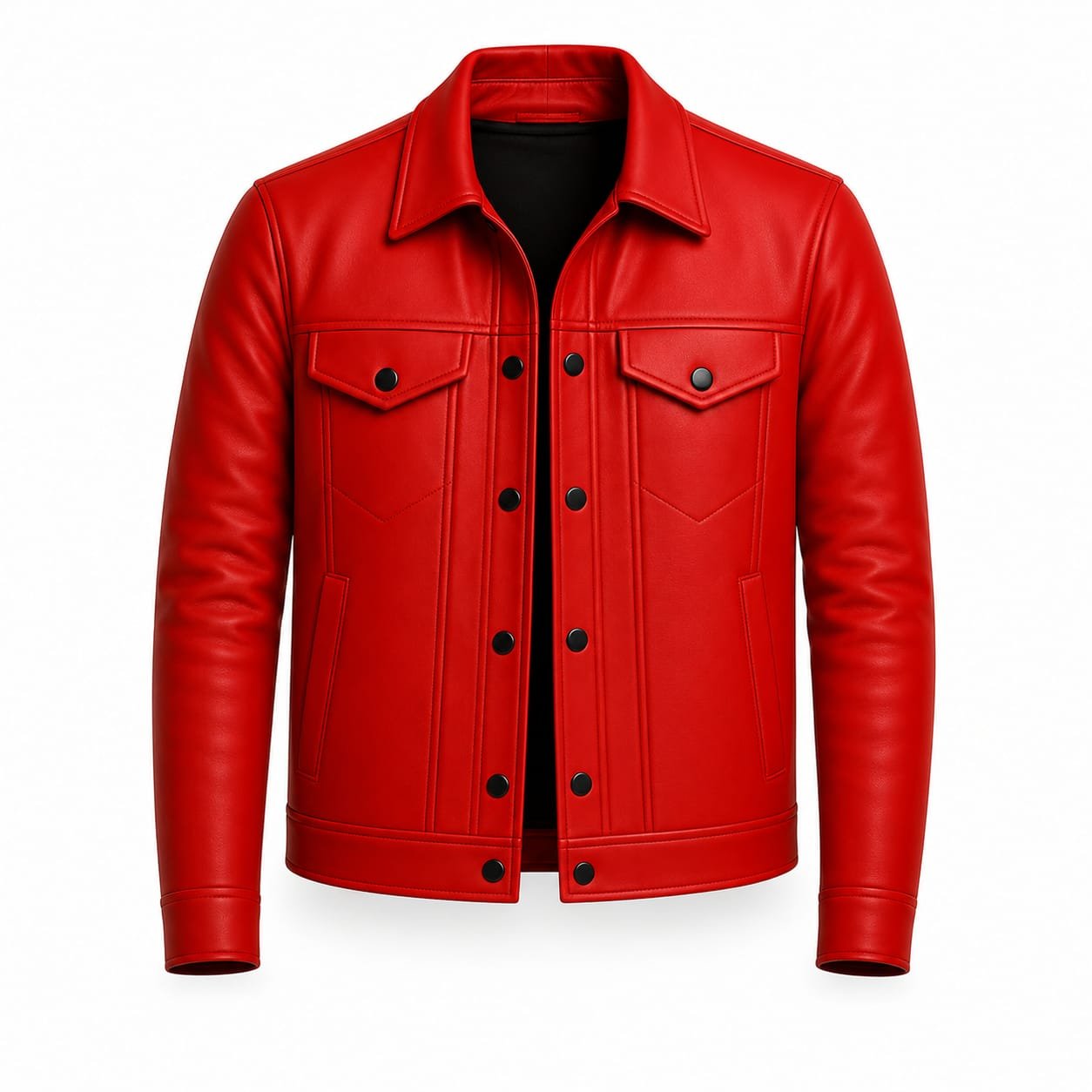 Men's Black Leather Trucker Jacket | Classic Snap Button Genuine Leather Jacket - Image 4