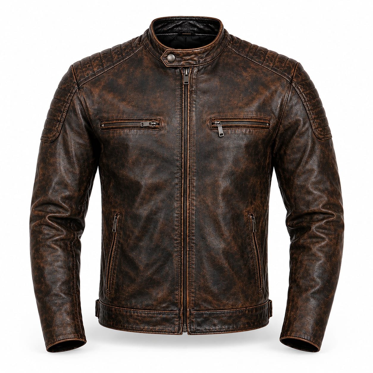 Vintage Distressed Leather Cafe Racer Jacket for Men - Image 3