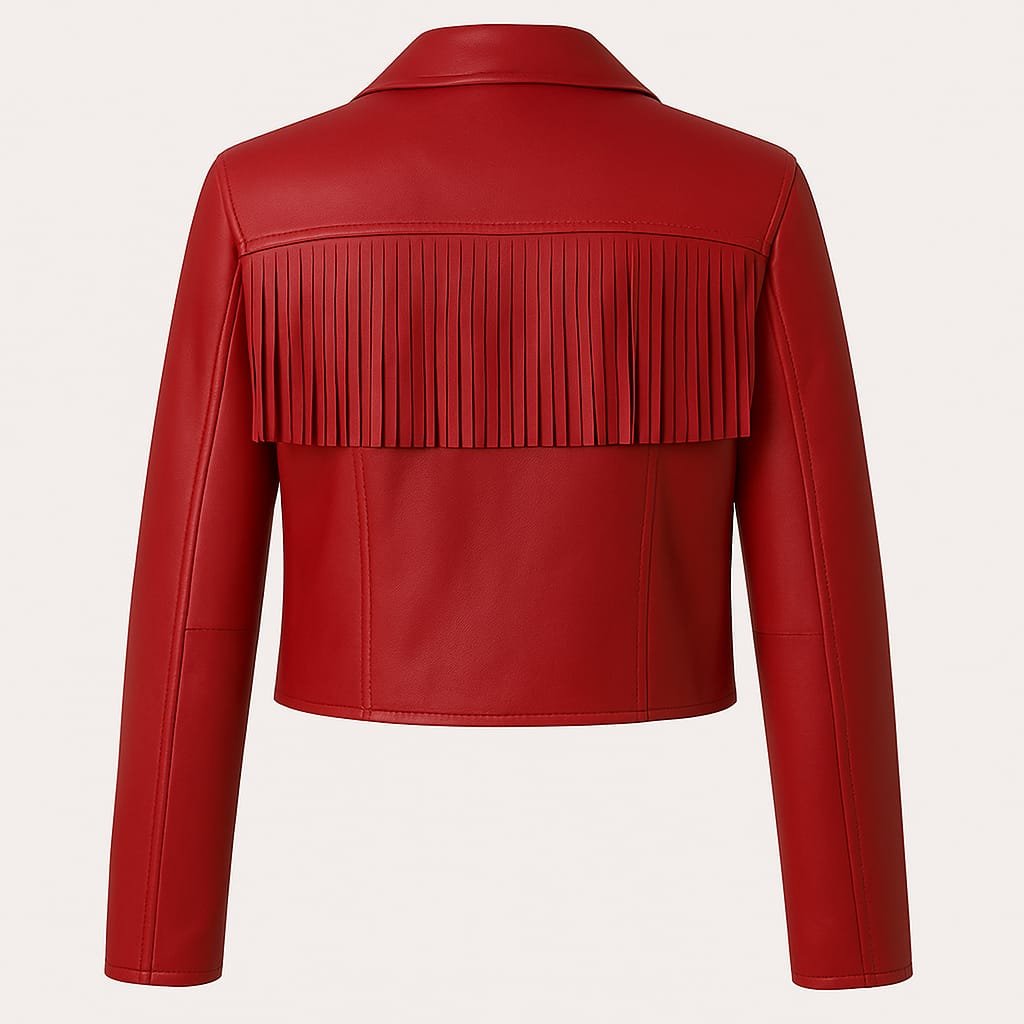 Women's Red Fringe Leather Jacket | Handmade Genuine Leather Western Cropped Jacket - Image 5