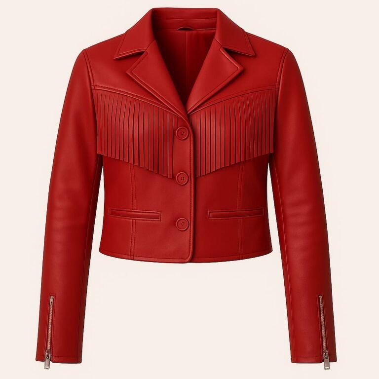 Women's handmade red genuine leather fringe cropped jacket with lapel collar, button front closure, zipper cuffs, and western-inspired design on a white background