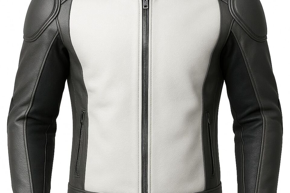 Premium men's white and charcoal genuine leather motorcycle biker jacket with padded shoulders and stand collar