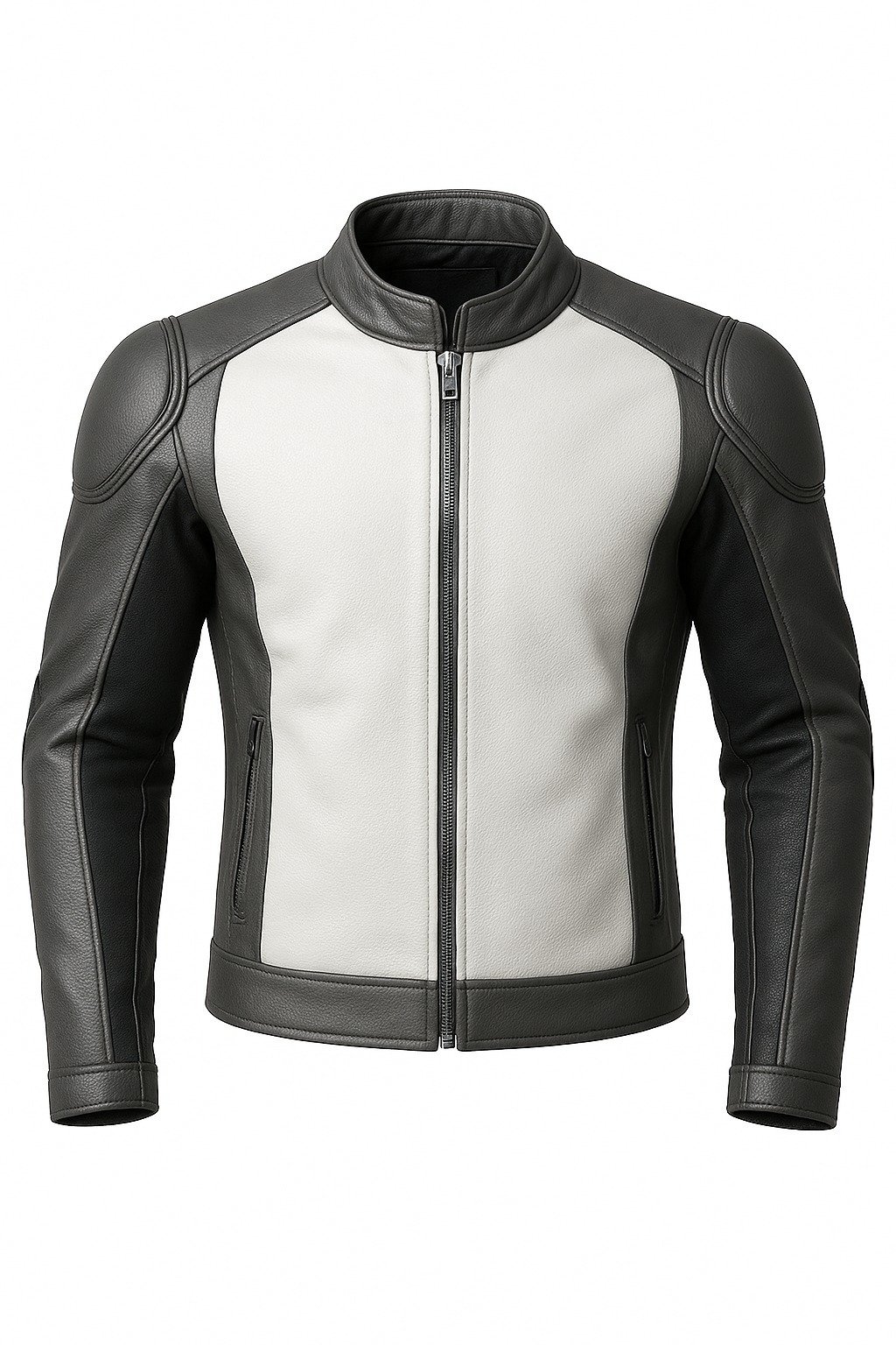 Premium men's white and charcoal genuine leather motorcycle biker jacket with padded shoulders and stand collar