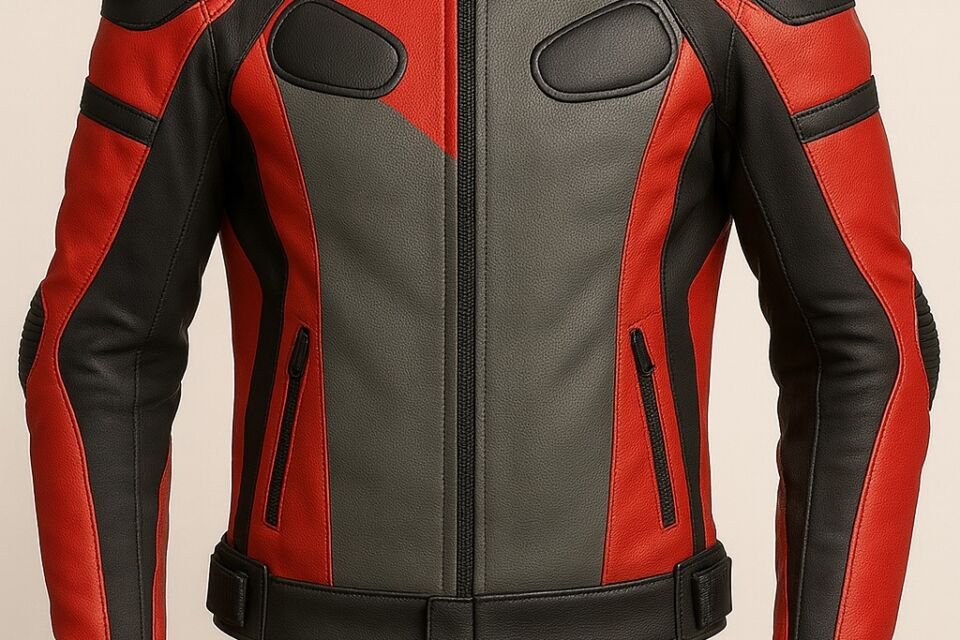Front view of a men's red and black genuine leather motorcycle jacket featuring protective shoulder armor, padded chest panels, stand-up collar, front zipper closure, and adjustable waist straps for motorcycle riding.
