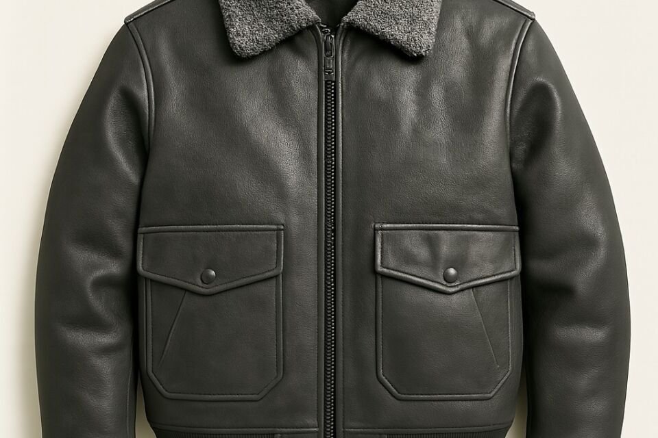 Men's Dark Charcoal Gray Leather Bomber Jacket with Shearling Collar | Premium Aviator Flight Jacket