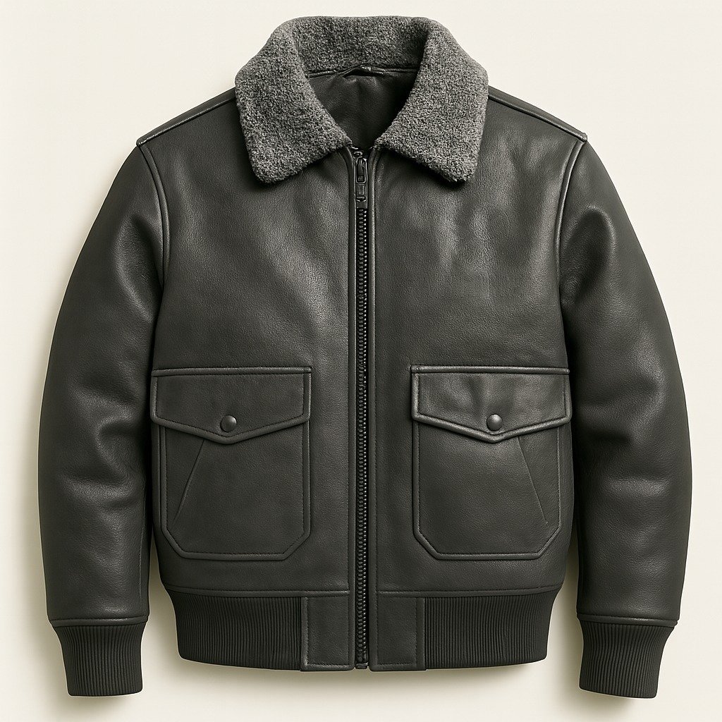 Men's Dark Charcoal Gray Leather Bomber Jacket with Shearling Collar | Premium Aviator Flight Jacket