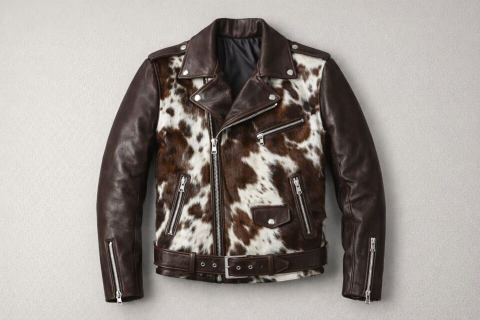"Brown cowhide leather biker jacket with silver zippers and belted waist.