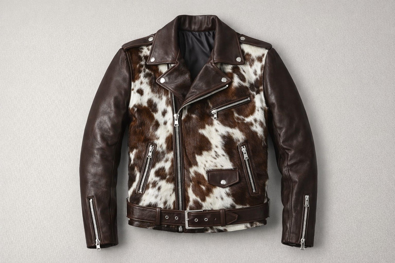 "Brown cowhide leather biker jacket with silver zippers and belted waist.