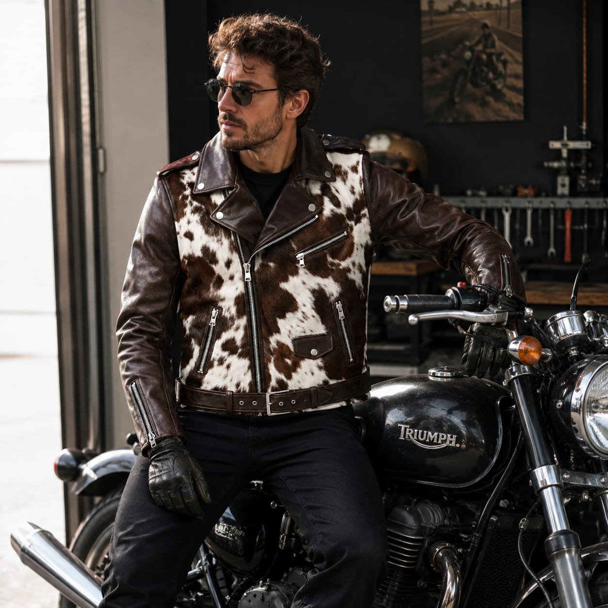 Brown Cowhide Leather Biker Jacket for Men - Premium Genuine Leather - Image 4