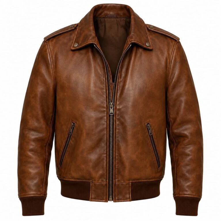 Brown leather bomber jacket with shoulder epaulettes, front zipper and angled zip pockets