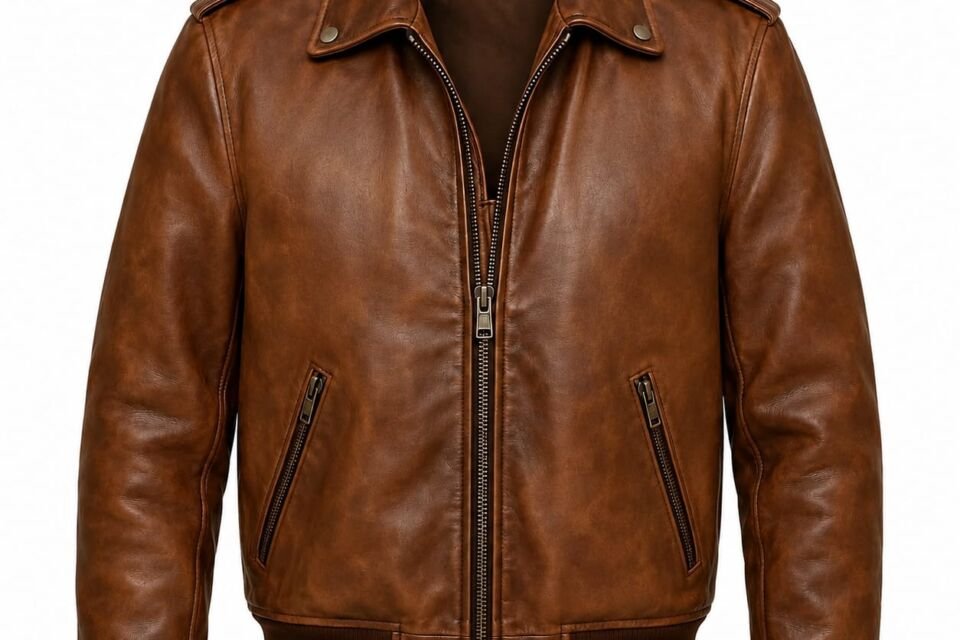 Brown leather bomber jacket with shoulder epaulettes, front zipper and angled zip pockets