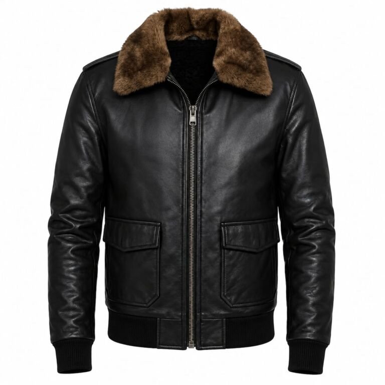 Black leather bomber jacket with brown fur collar front view