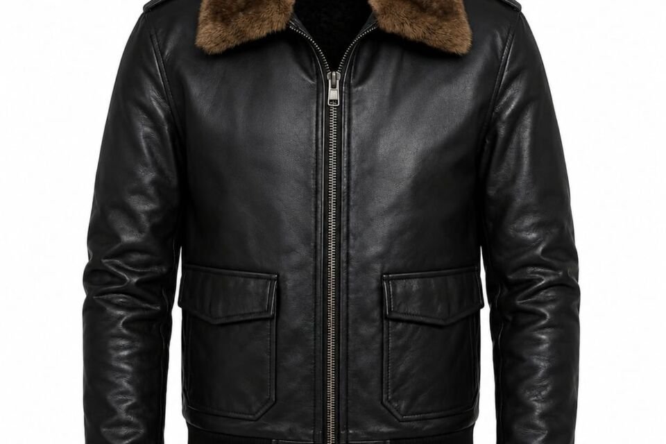 Black leather bomber jacket with brown fur collar front view