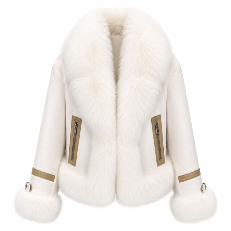 White leather jacket with luxurious fur collar cuffs and hem front view
