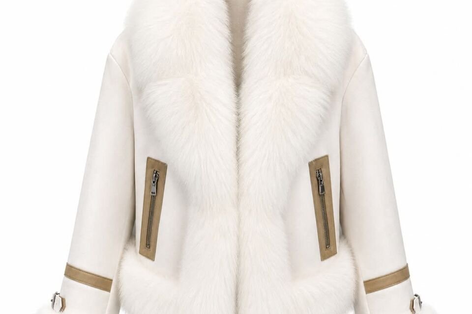 White leather jacket with luxurious fur collar cuffs and hem front view