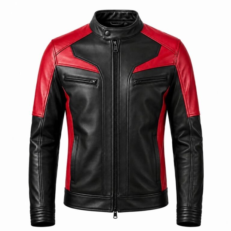 Men's black and red genuine leather motorcycle biker jacket with stand collar, front zipper and zippered chest pockets