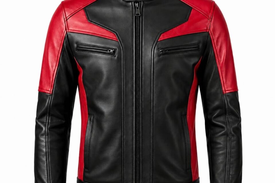 Men's black and red genuine leather motorcycle biker jacket with stand collar, front zipper and zippered chest pockets