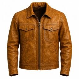 Vintage brown distressed leather trucker jacket for men with shirt collar, front zipper, snap chest pockets, and angled side pockets.