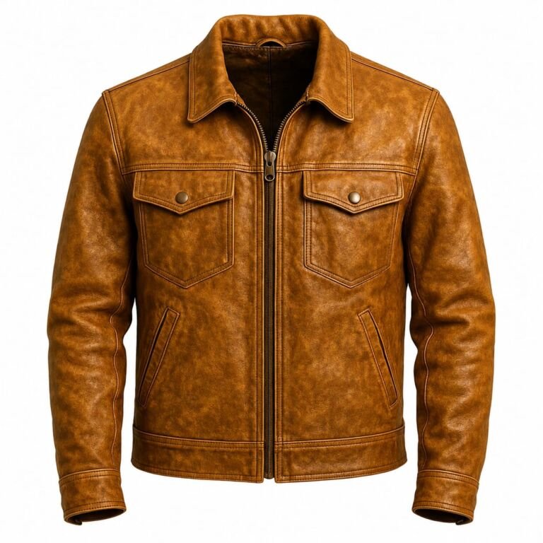 Vintage brown distressed leather trucker jacket for men with shirt collar, front zipper, snap chest pockets, and angled side pockets.