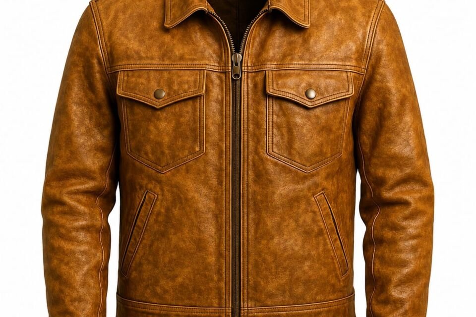 Vintage brown leather trucker jacket for men with distressed leather finish
