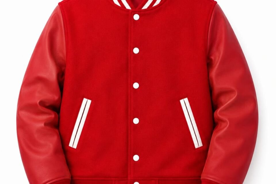 Red Varsity Jacket Wool body leather sleeve