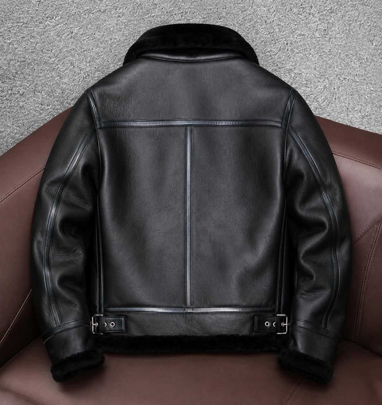 Men's Full Fur Leather Jacket | Black Shearling Aviator - Image 5