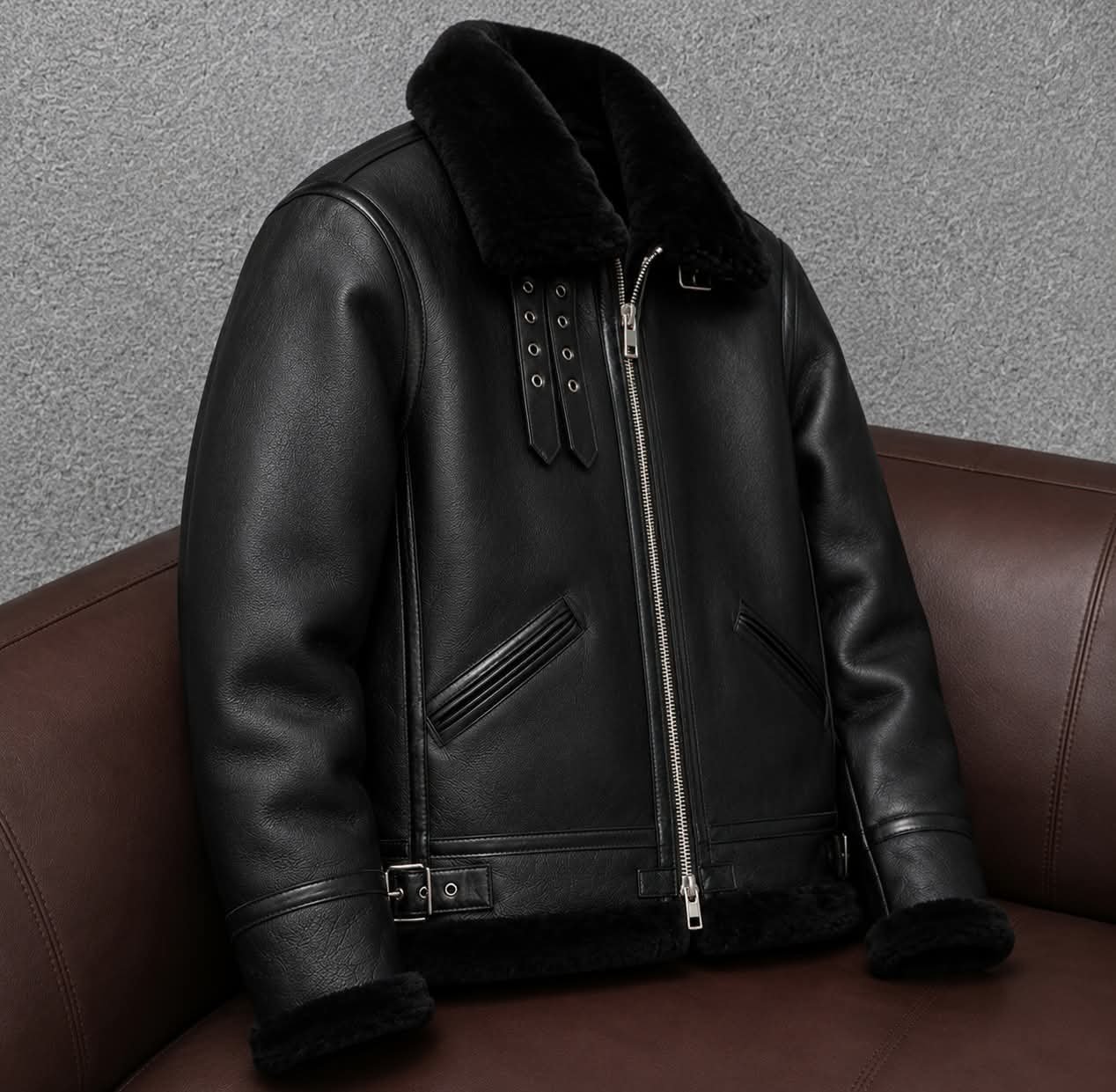 Men's Full Fur Leather Jacket | Black Shearling Aviator - Image 6