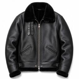 Men's full fur leather jacket black shearling aviator biker jacket