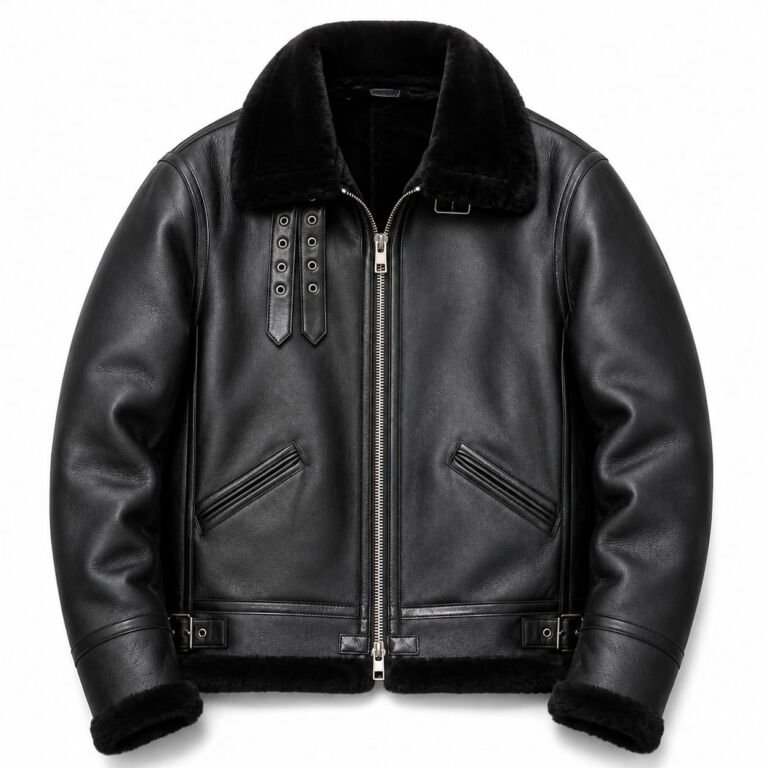Men's full fur leather jacket black shearling aviator biker jacket