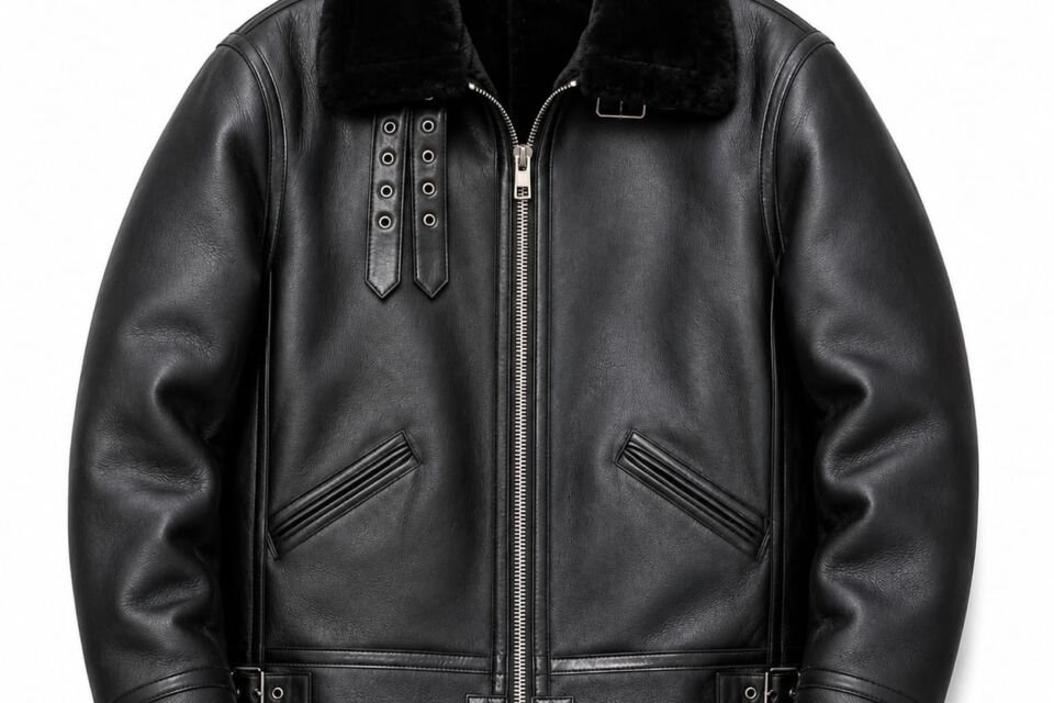 Men's full fur leather jacket black shearling aviator biker jacket
