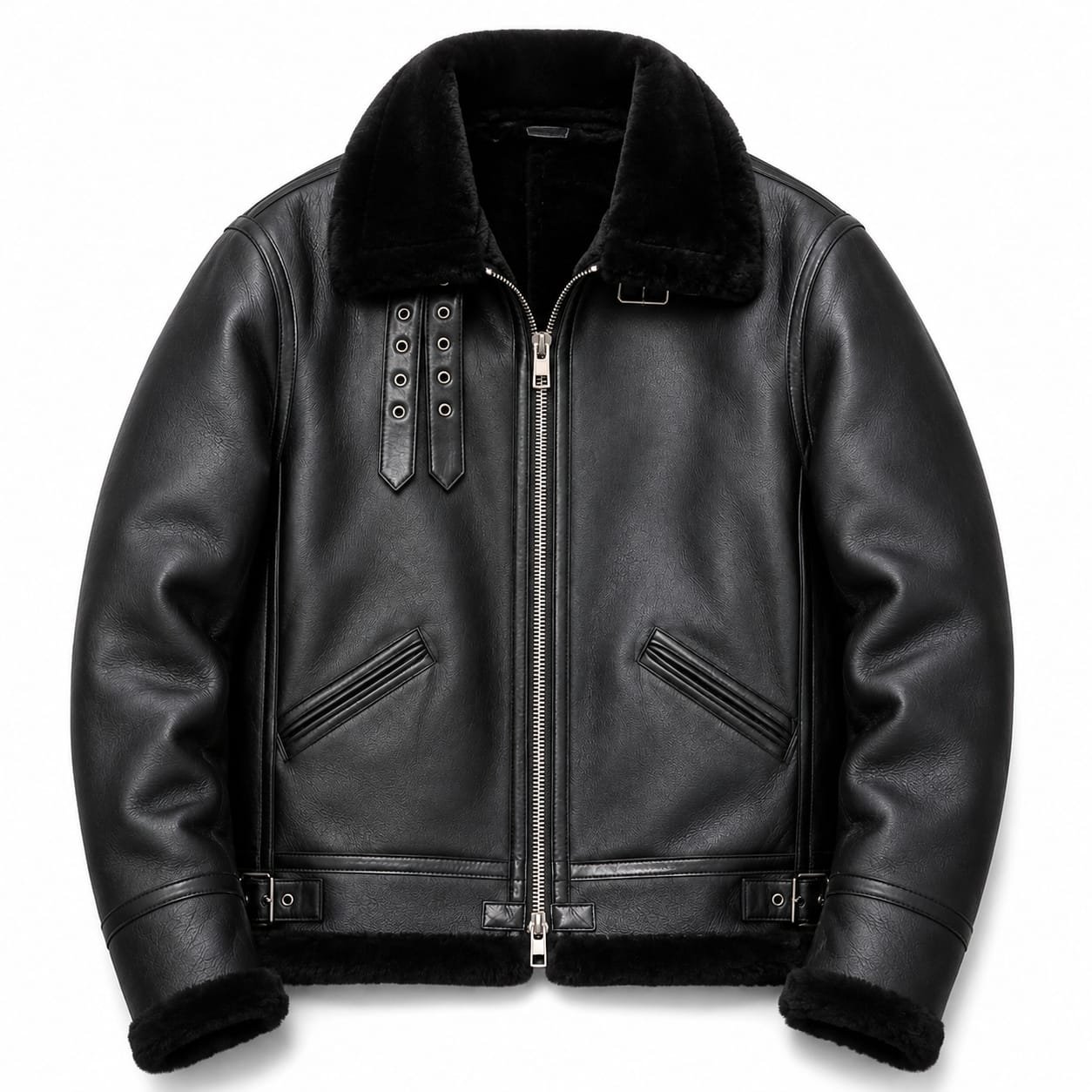 Men's full fur leather jacket black shearling aviator biker jacket