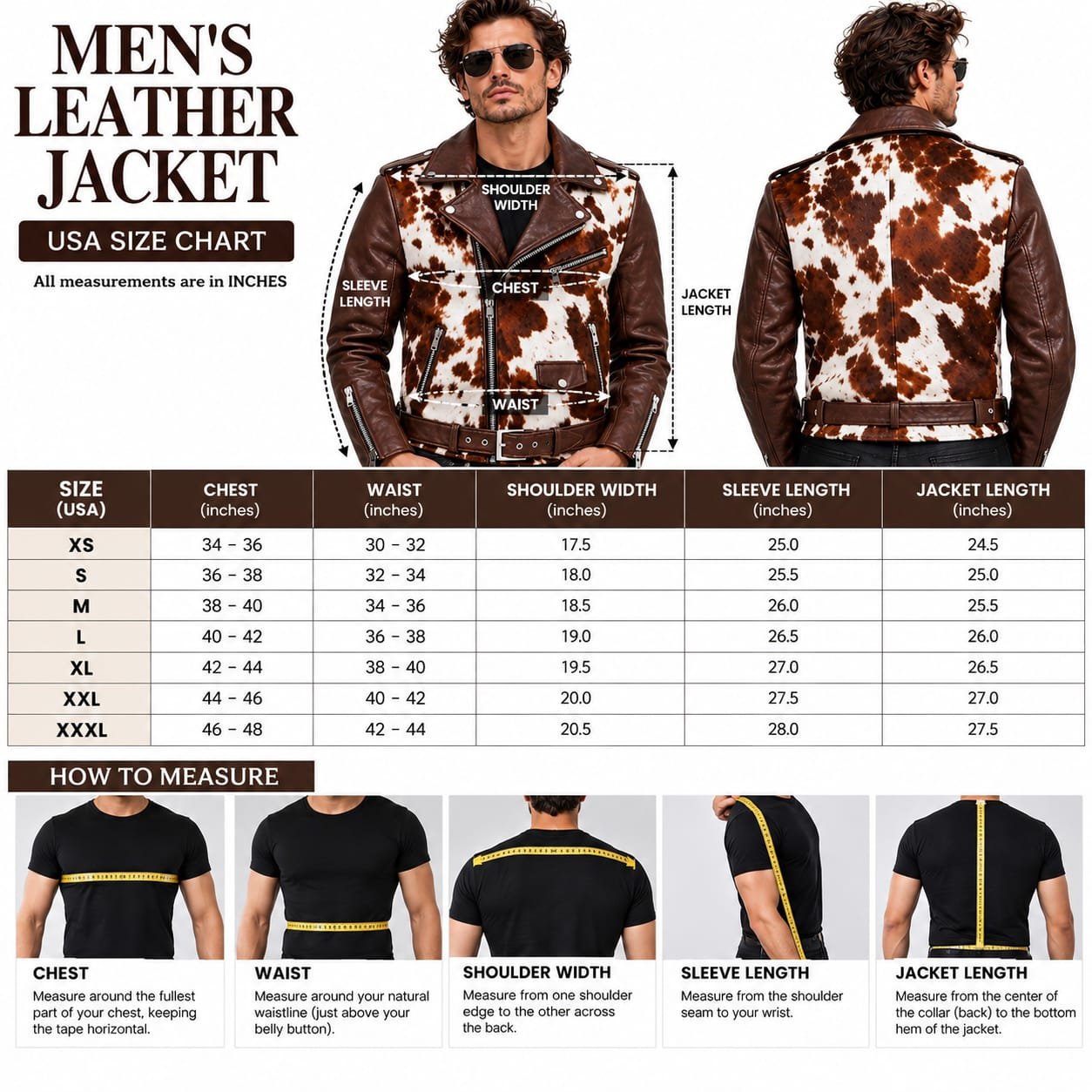 Brown leather cowhide biker jacket with white and brown cowhide panels, multiple zippered pockets, wide lapels, and waist belt.