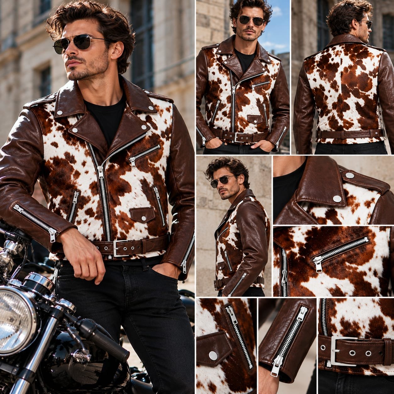 Brown leather cowhide biker jacket with white and brown cowhide panels, multiple zippered pockets, wide lapels, and waist belt.