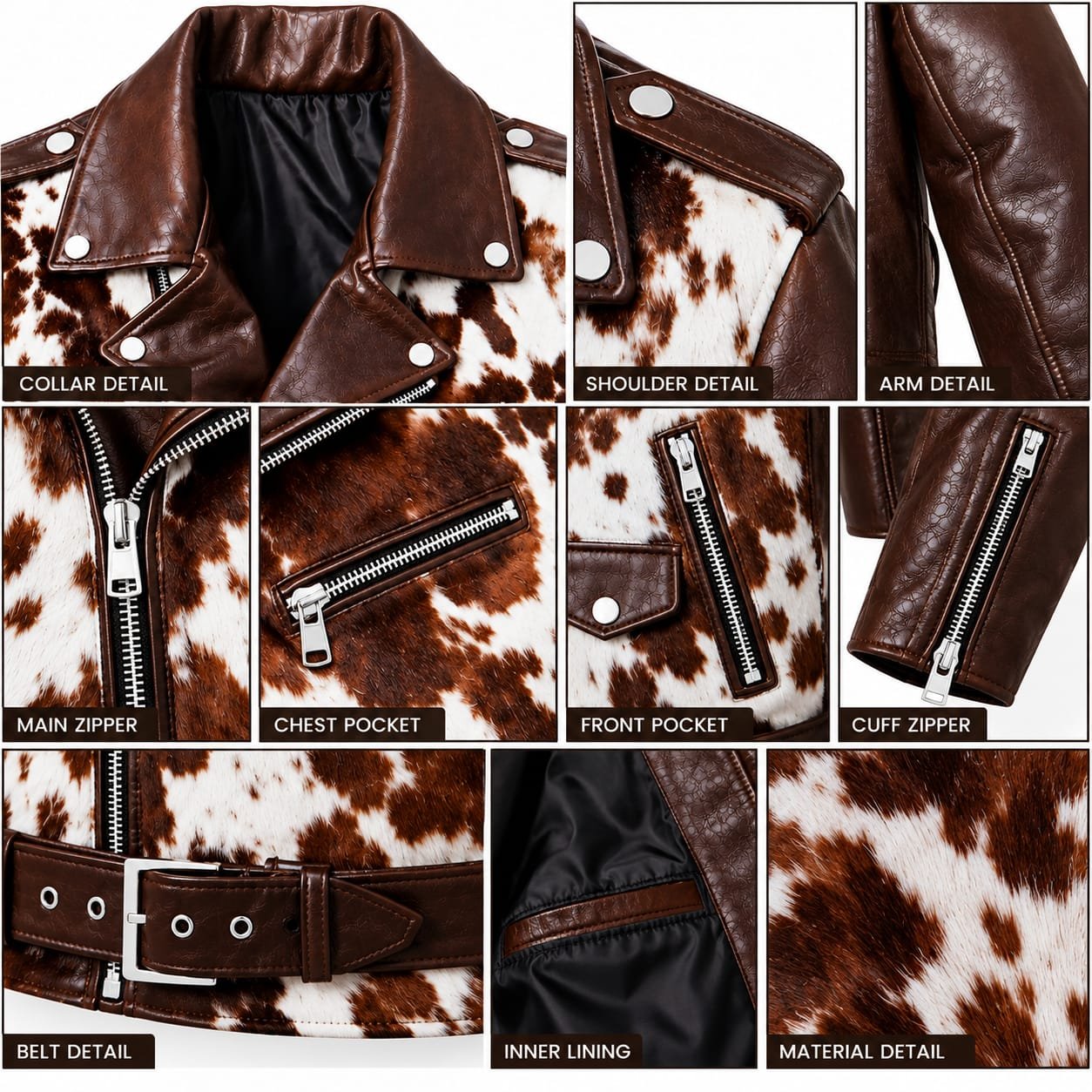Genuine Cowhide Leather Biker Jacket | Men’s Brown Motorcycle Jacket with Belt - Image 4