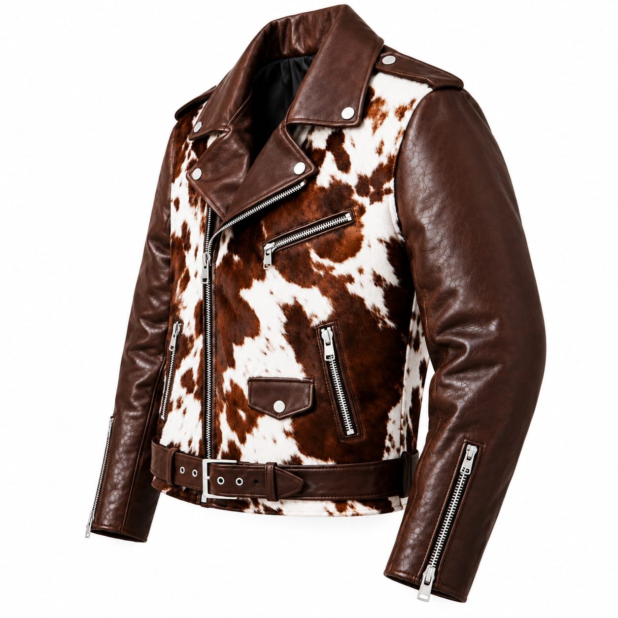 Genuine Cowhide Leather Biker Jacket | Men’s Brown Motorcycle Jacket with Belt - Image 3