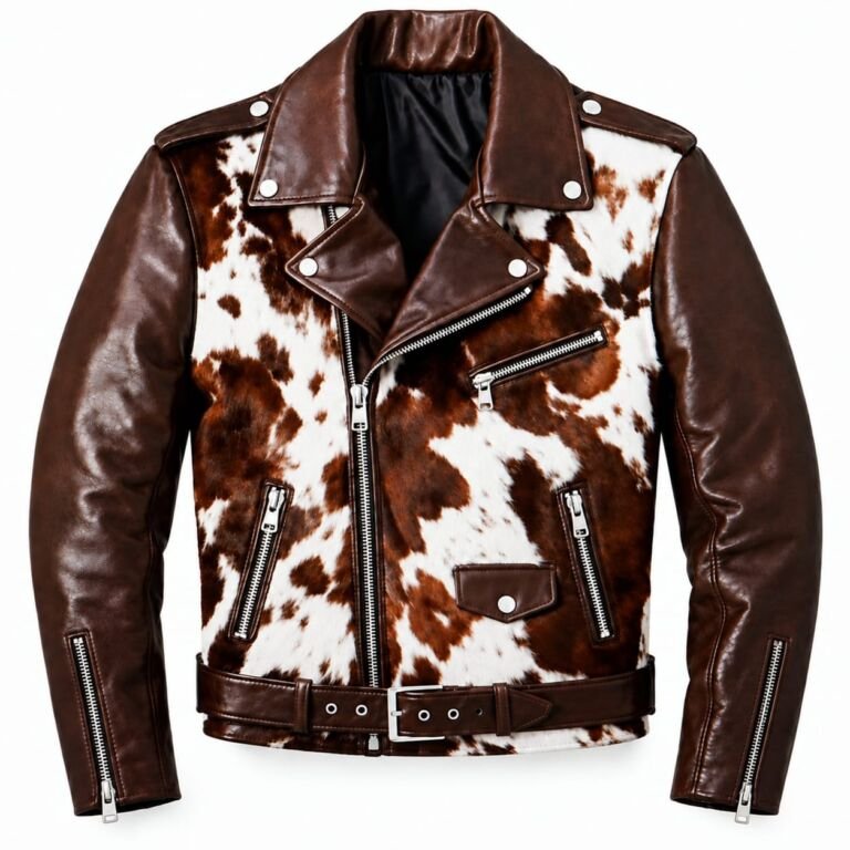 Brown leather cowhide biker jacket with white and brown cowhide panels, multiple zippered pockets, wide lapels, and waist belt.