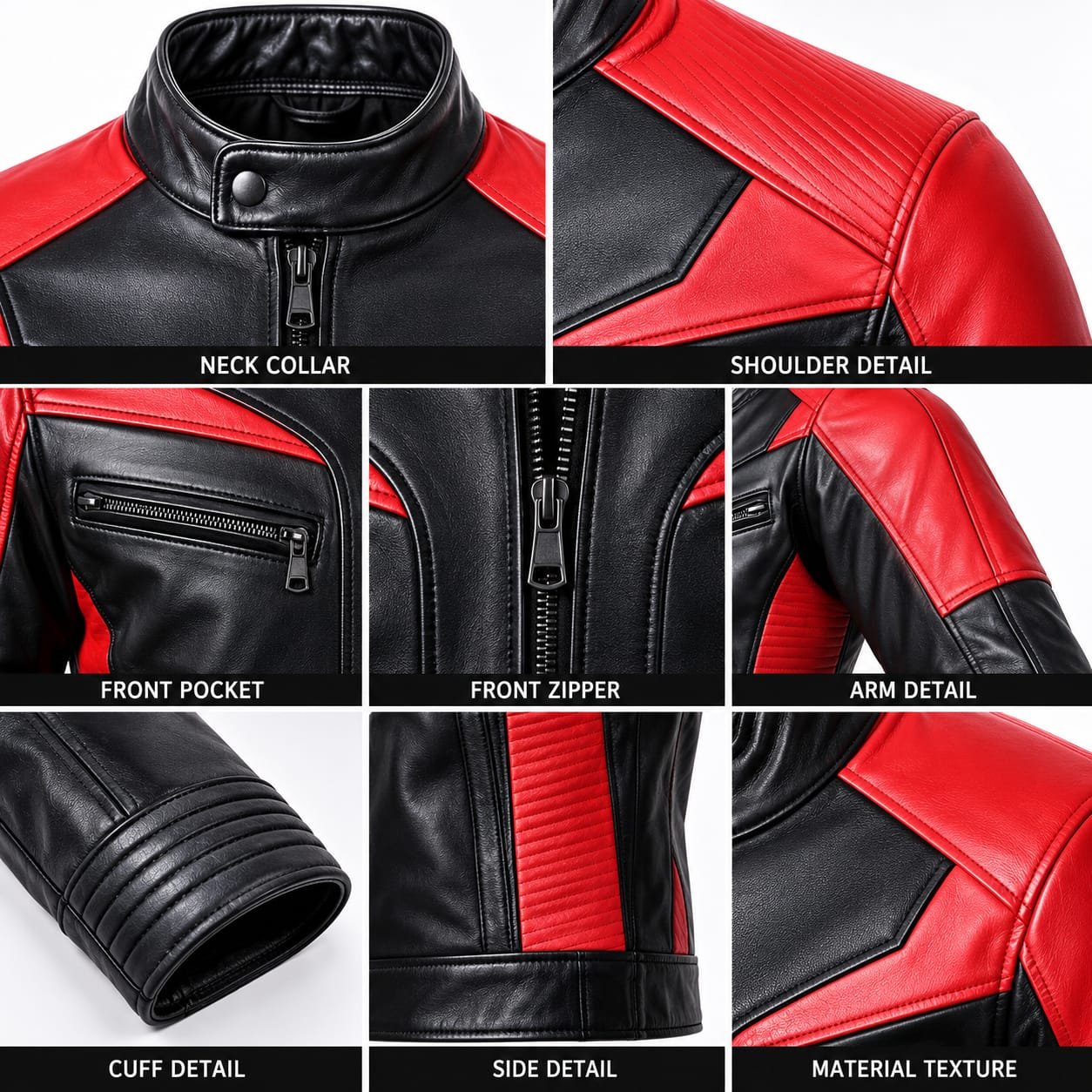 Men’s red and black leather motorcycle jacket with quilted shoulders, zippered pockets, ribbed cuffs, and stand-up collar.