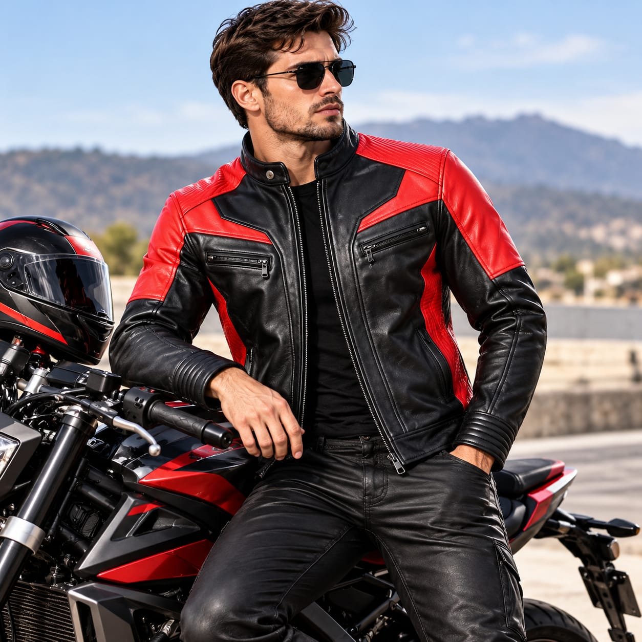 Men’s red and black leather motorcycle jacket with quilted shoulders, zippered pockets, ribbed cuffs, and stand-up collar.