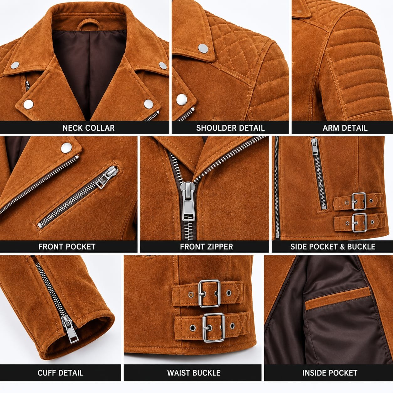 Men’s brown suede leather biker jacket with quilted shoulders, zippered pockets, wide lapels, and buckle details, worn on a motorcycle.