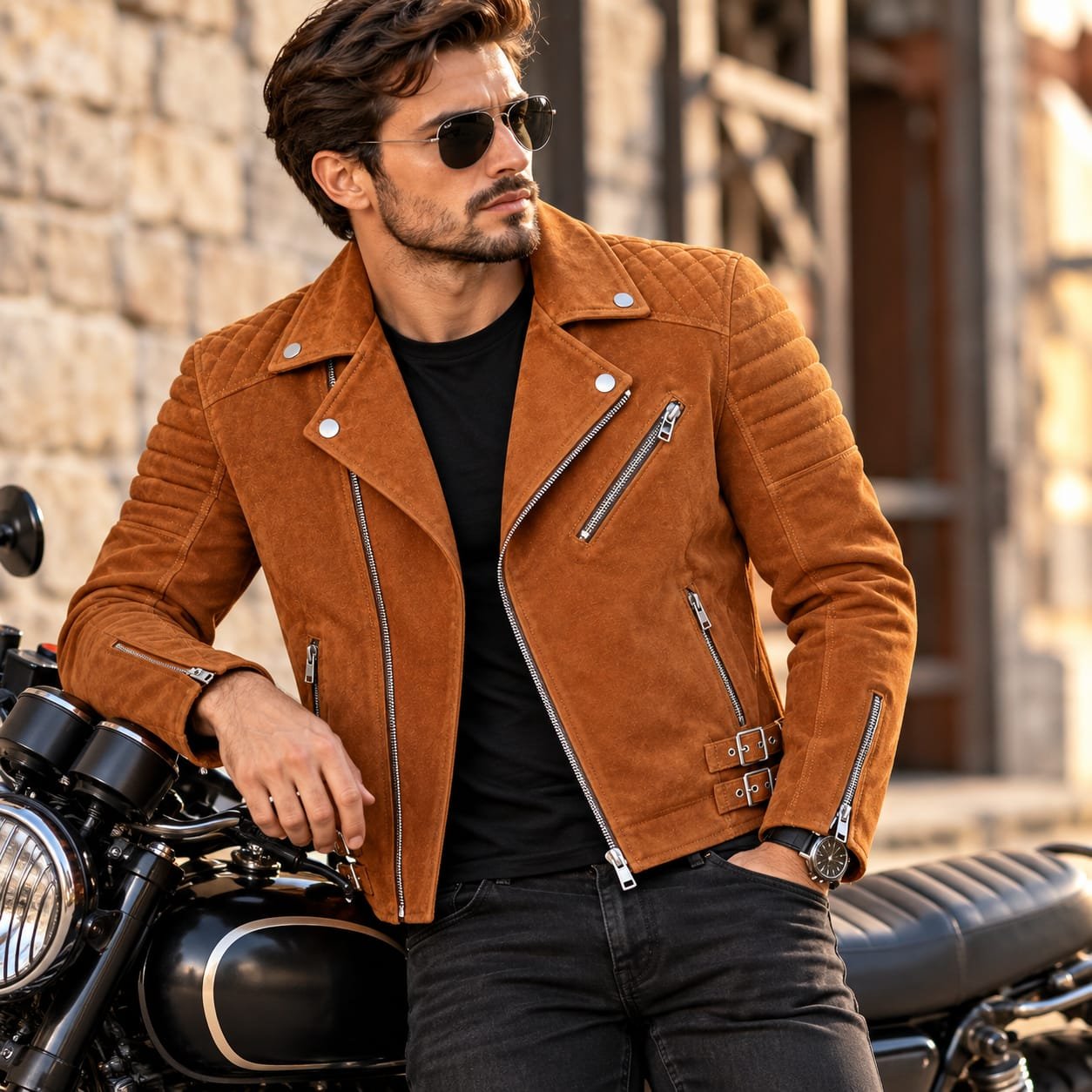 Men’s brown suede leather biker jacket with quilted shoulders, zippered pockets, wide lapels, and buckle details, worn on a motorcycle.