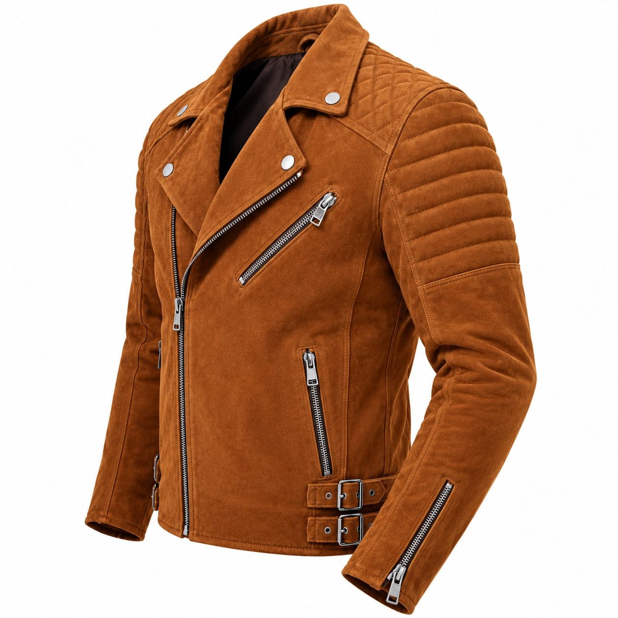 Men’s brown suede leather biker jacket with quilted shoulders, zippered pockets, wide lapels, and buckle details, worn on a motorcycle.
