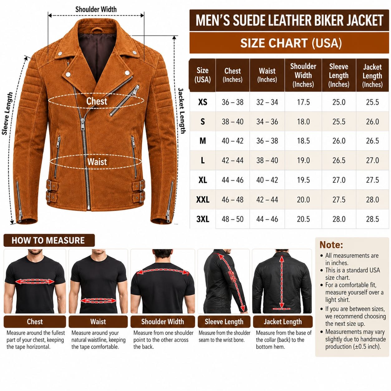 Men’s brown suede leather biker jacket with quilted shoulders, zippered pockets, wide lapels, and buckle details, worn on a motorcycle.