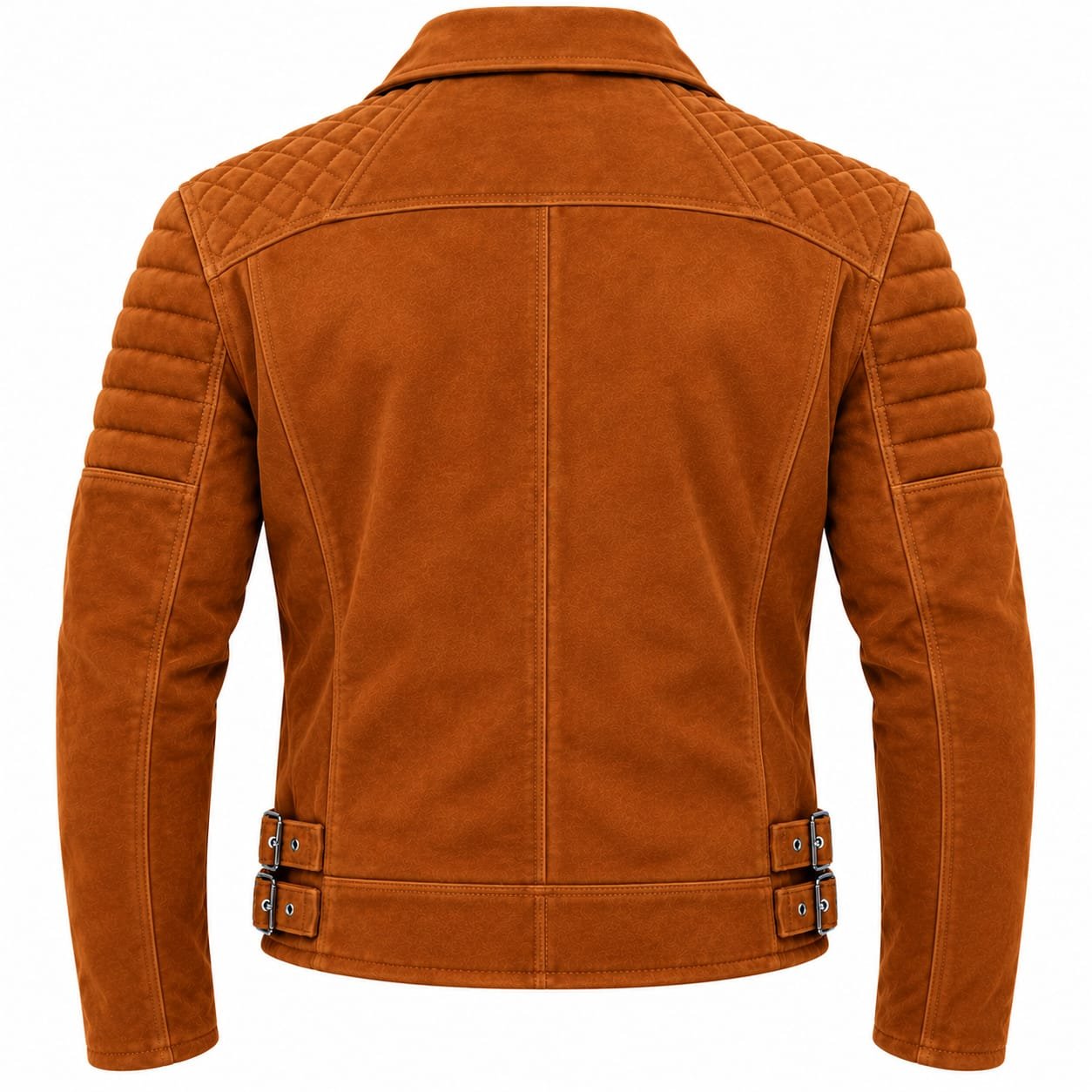 Men’s brown suede leather biker jacket with quilted shoulders, zippered pockets, wide lapels, and buckle details, worn on a motorcycle.